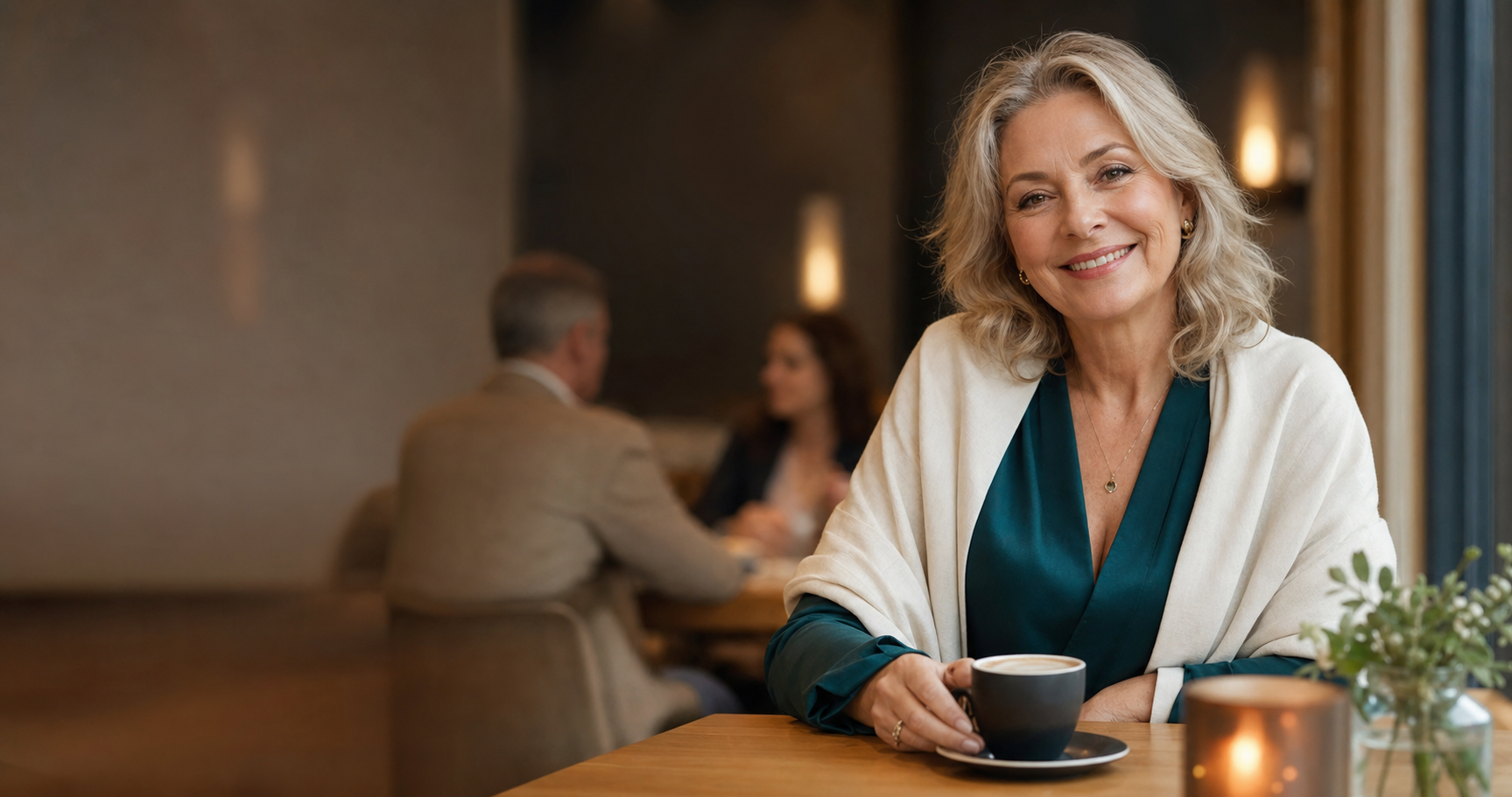 Elegant mature woman smiling in a warm cafe setting