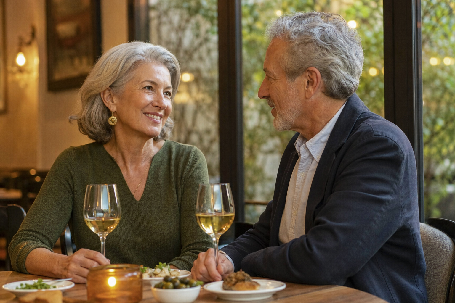 Mature couple enjoying a warm bistro date