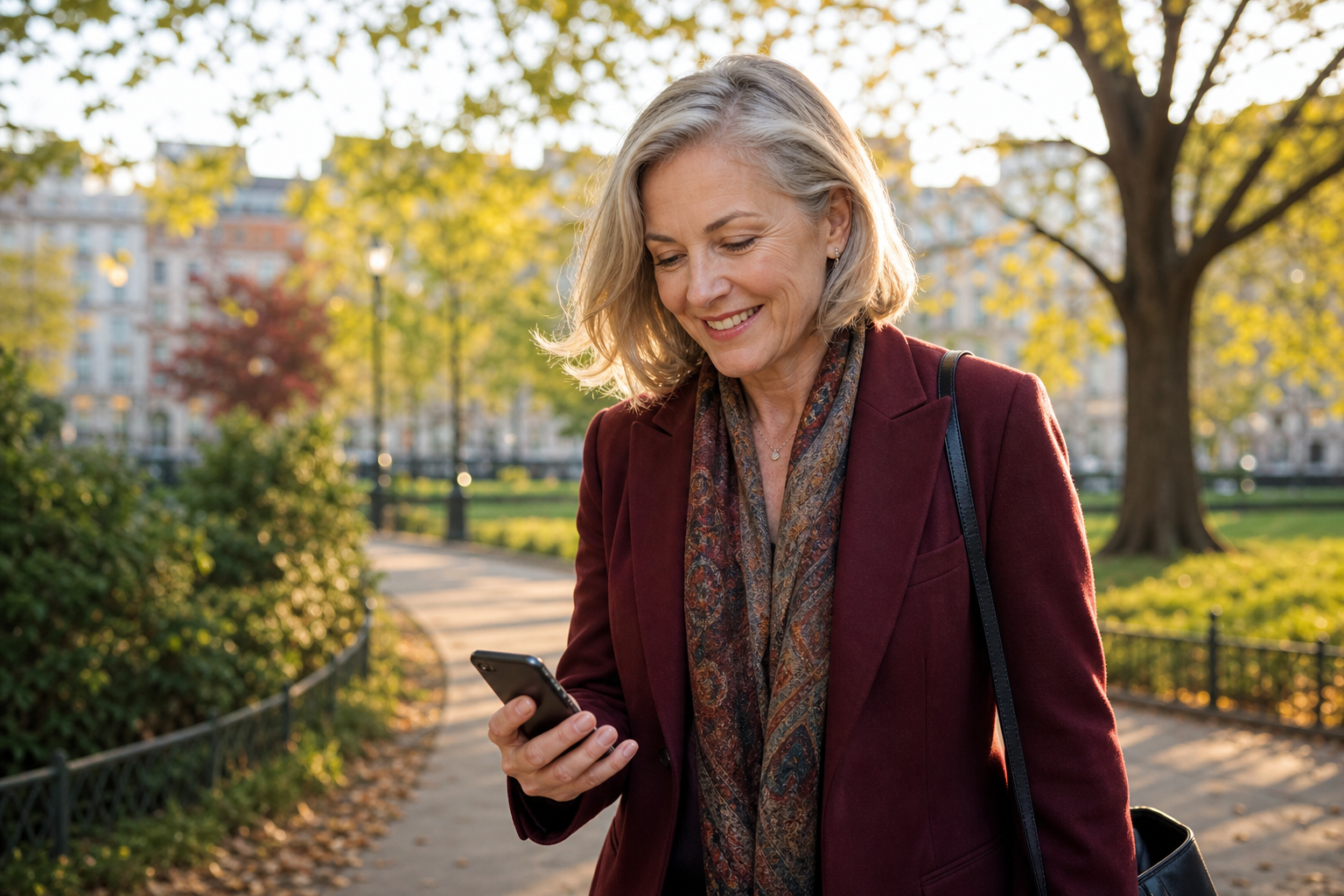 Mature woman smiling while checking a dating message in a city park